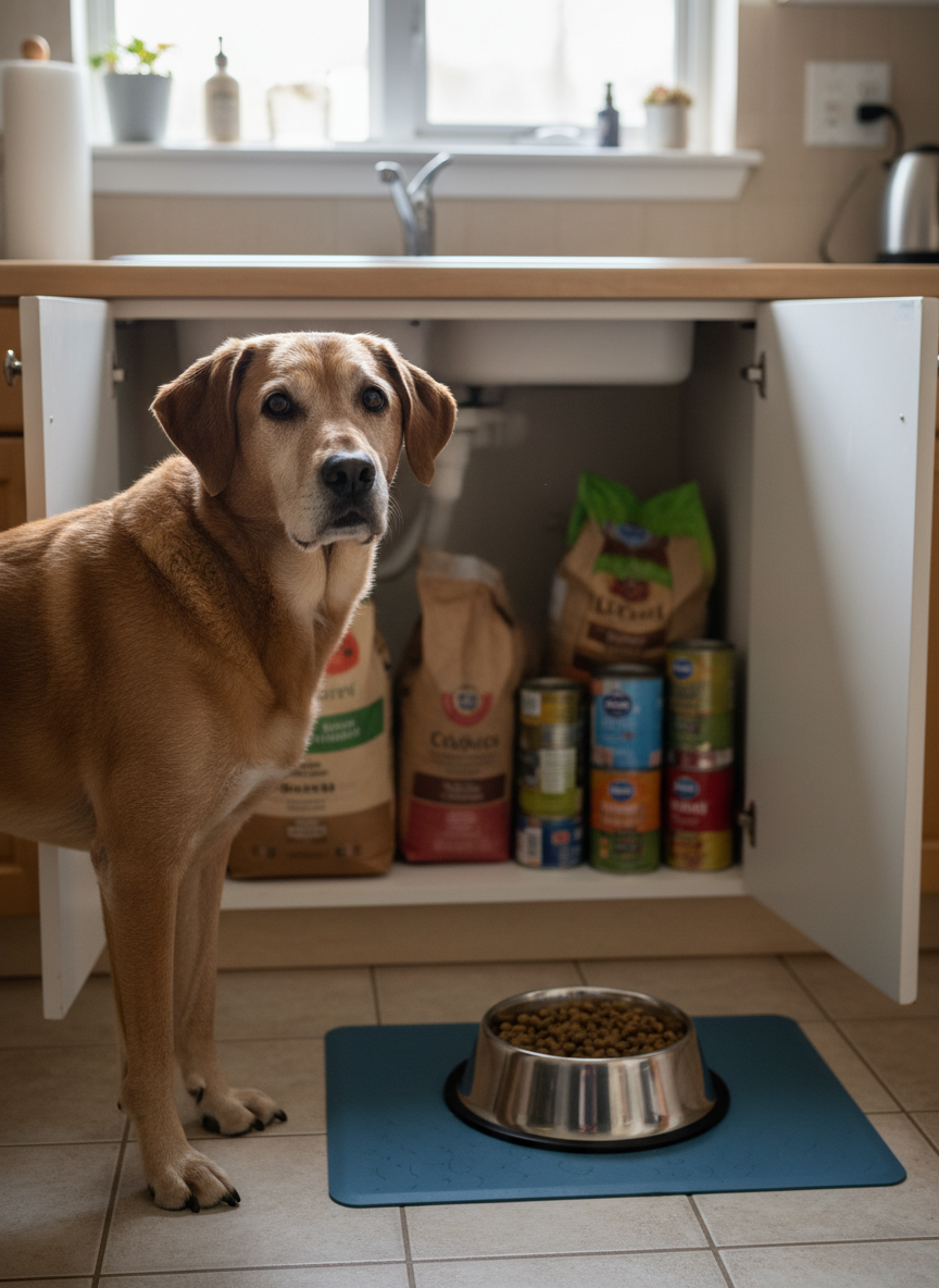 Inside a modest, tidy kitchen, a medium brown senior dog with a greying muzzle stands near an open lower cabinet neatly organized with bags of dry dog food and stacked canned food. A stainless-steel bowl on a mat is filled with fresh kibble. Soft, overcast daylight enters through a small window above the sink, casting diffused light that minimizes harsh shadows and creates a calm atmosphere. Photographic realism at an eye-level perspective, with the dog in sharp focus and the stocked cabinet softly blurred but recognizable. The composition uses gentle leading lines from the countertop to the dog, reinforcing a feeling of security and ongoing support, suggesting food assistance that helps keep pets in their homes.