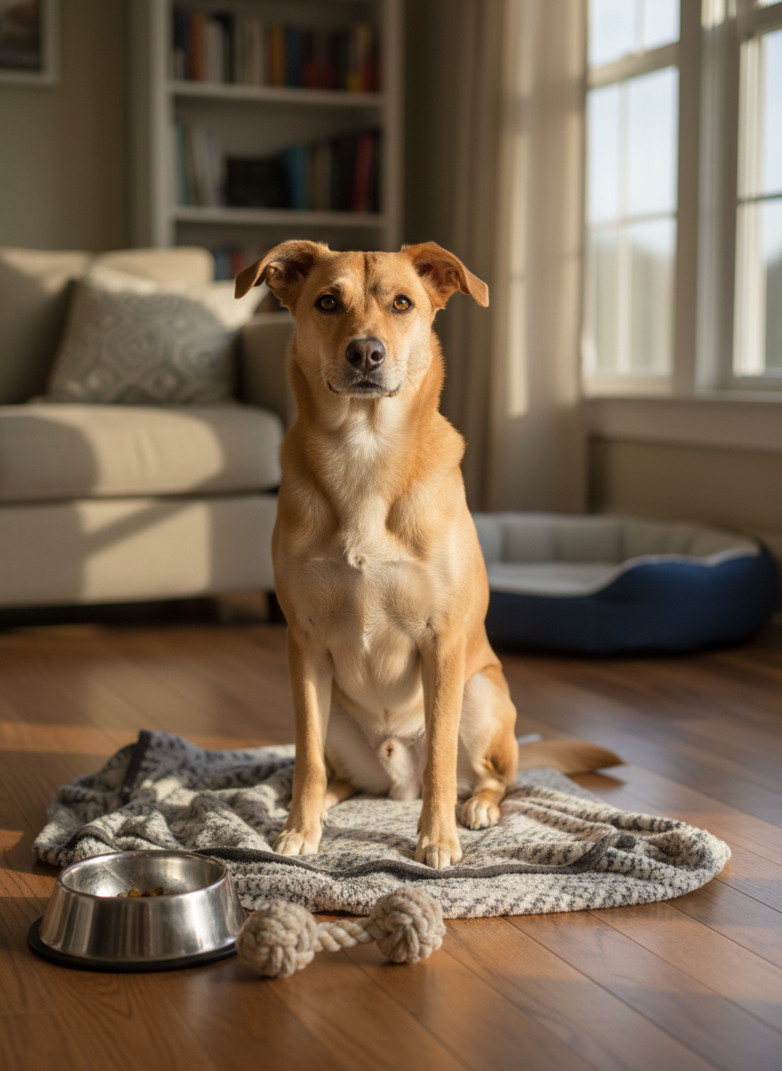 A medium-sized, mixed-breed dog with a short tan coat and bright, attentive eyes sits calmly on a neatly folded blanket in a warmly lit living room. Around the dog are subtle signs of stability: a well-used food bowl, a chew toy, and a cozy dog bed in the background. Soft afternoon light filters through a nearby window, creating gentle highlights on the dog’s fur and soft shadows on the floor. Photographic realism, eye-level composition, with a shallow depth of field that keeps the dog in sharp focus while the background softly blurs. The mood is hopeful and reassuring, conveying security and the idea that this dog is safe and staying with its family.