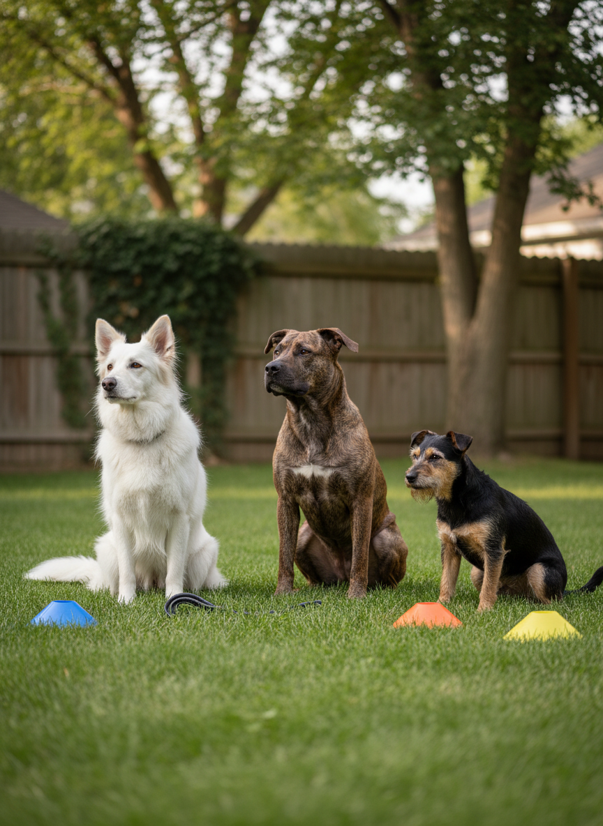 A group of three dogs of distinctly different breeds—a stocky brindle pit bull mix, a fluffy white shepherd mix, and a small black-and-tan terrier—sit in a semi-circle on a lush green lawn, all focusing intently on an unseen trainer just out of frame. Colorful but unobtrusive training cones and a short nylon leash rest on the grass nearby. The scene is captured in bright but slightly diffused late-morning sunlight, giving even illumination and soft, natural shadows. Photographic realism from a slightly elevated angle, using the rule of thirds to keep the dogs centered while a suburban backyard fence and trees blur gently behind them. The mood is constructive and optimistic, emphasizing cooperative learning and behavior support.